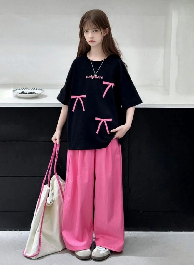 Take Two Girls Pink Bow T-Shirt and Wide Leg Pants Set