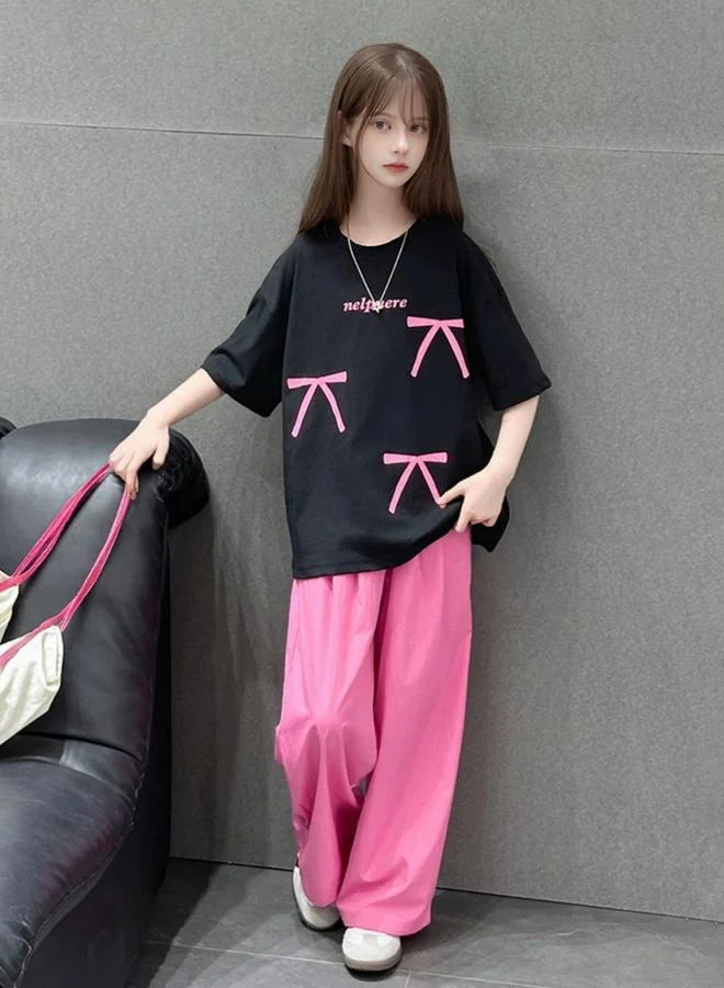 Take Two Girls Pink Bow T-Shirt and Wide Leg Pants Set