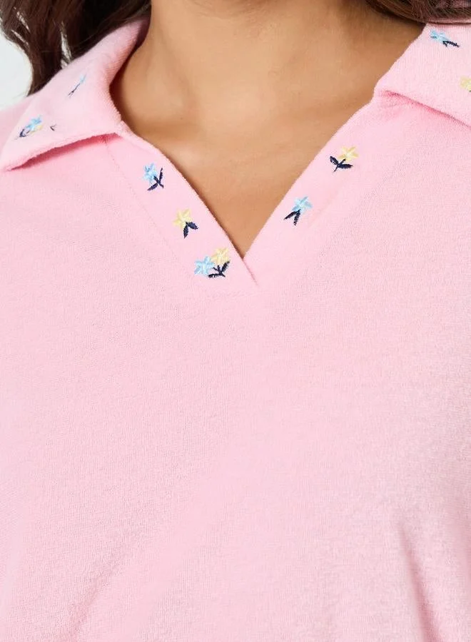 Styli Women Pink Embroidered Polo T-Shirt