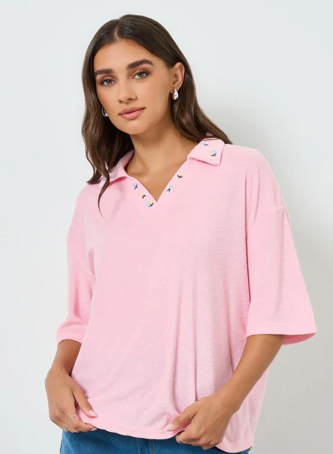 Styli Women Pink Embroidered Polo T-Shirt