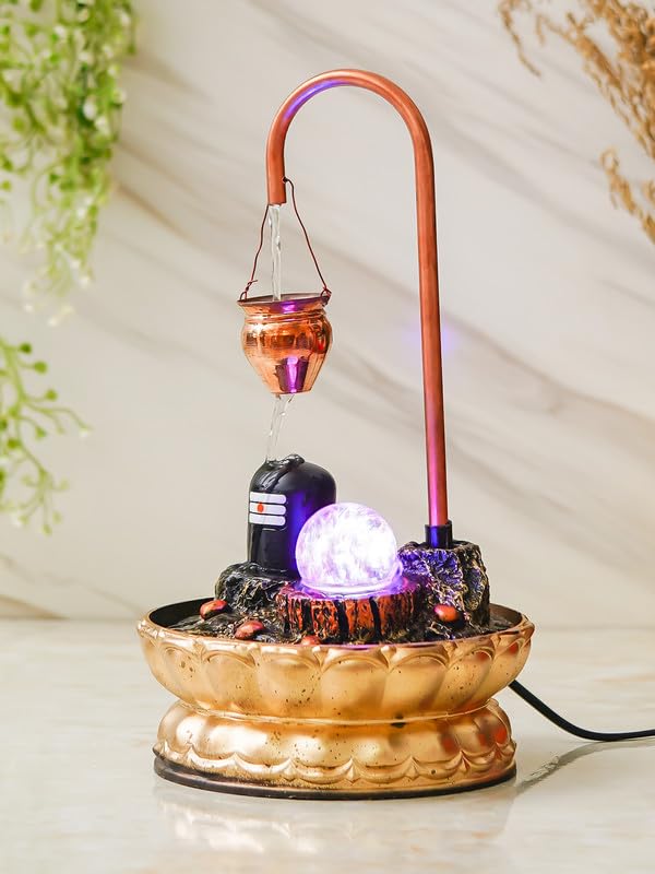 CRAFT SMITH Metal Decorative Shivling Tabletop Water Fountain with LED Crystal Ball (19.5 x 19.5 x 34.5 CM : Copper Color | Weight - 720 Gram) - Image 1