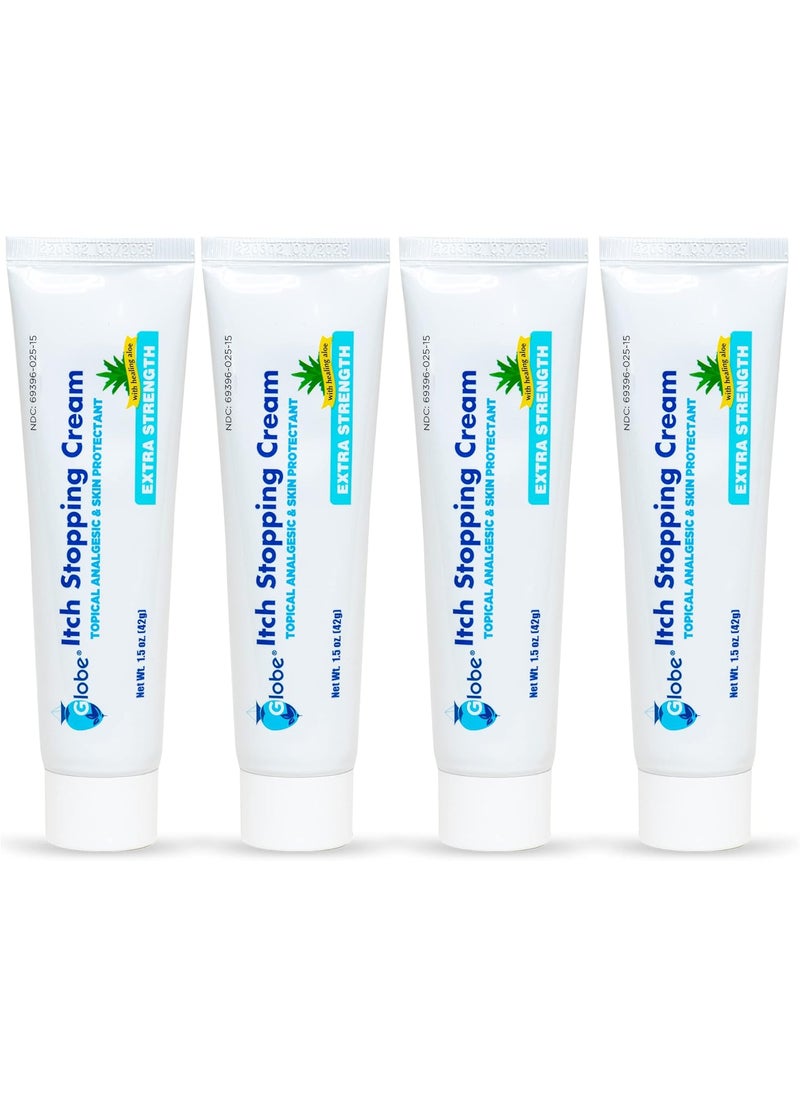 Globe (4 Pack) Globe Extra Strength Itch Stopping Anti-Itch Cream 1.5 Oz with Histamine Blocker, Diphenhydramine HCl Topical Analgesic & Zinc Acetate Skin Protectant for Relief from Most Outdoor Itches 