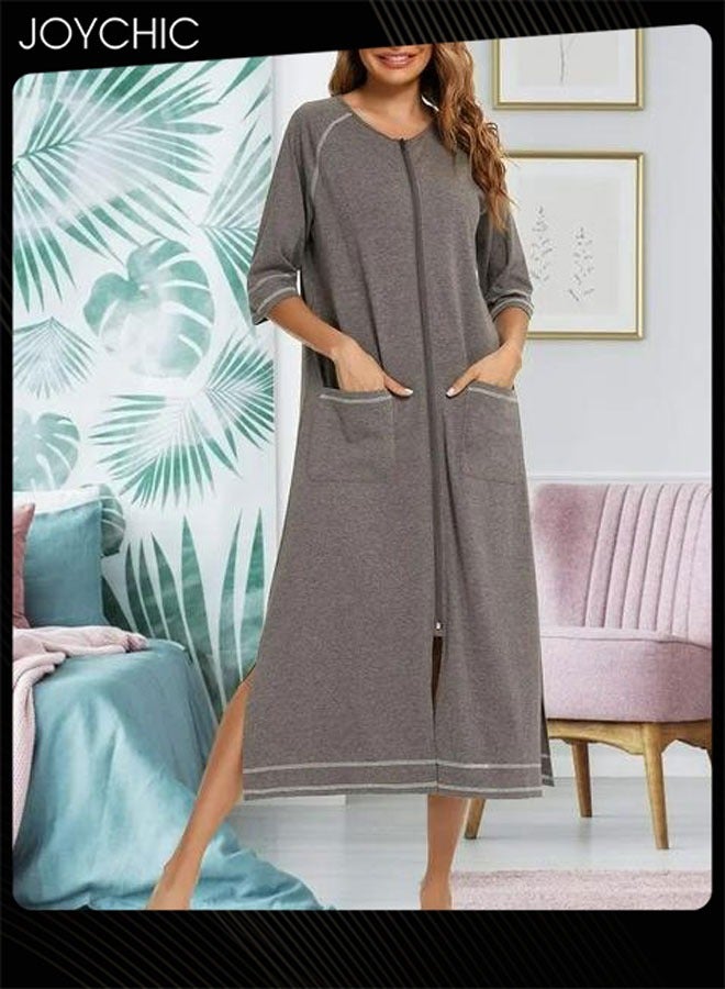 Joychic ملابس منزلية مريحة للنساء بألوان صلبة لفصلي الربيع والصيف بأكمام ثلاثة أرباع، بيجامة فضفاضة للحوامل بتصميم شق جانبي وزرار، فستان نوم مع جيوب باللون الرمادي - Image 1