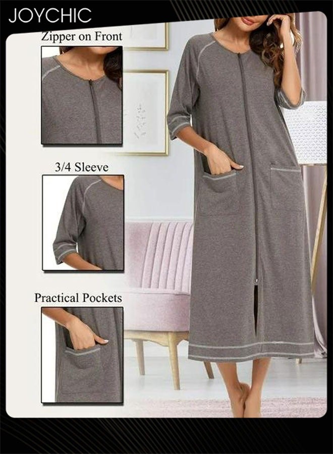 Joychic ملابس منزلية مريحة للنساء بألوان صلبة لفصلي الربيع والصيف بأكمام ثلاثة أرباع، بيجامة فضفاضة للحوامل بتصميم شق جانبي وزرار، فستان نوم مع جيوب باللون الرمادي - Image 2