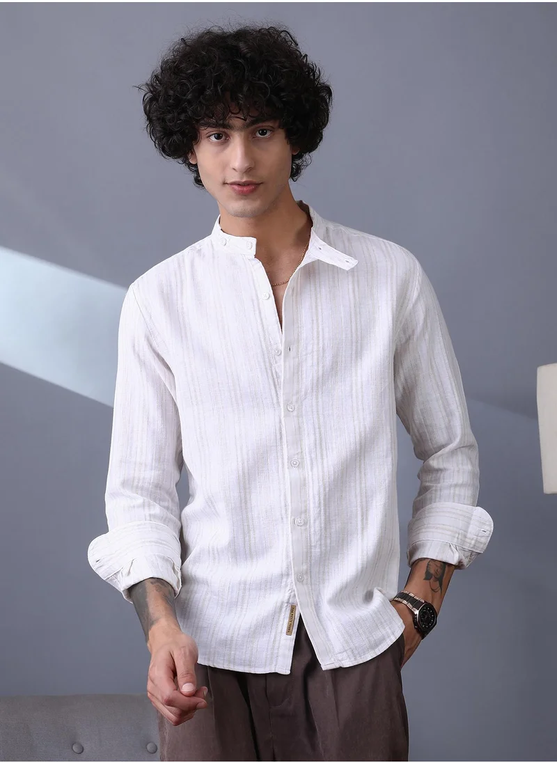 كامبوس سوترا Campus Sutra Men's Off-White & Ecru Beige Striped Extended-Band Collar Shirt For Casual Wear | Band Collar | Long Cuffed Sleeves | Button Closure | Shirt Crafted With Comfort Fit For Everyday Wear