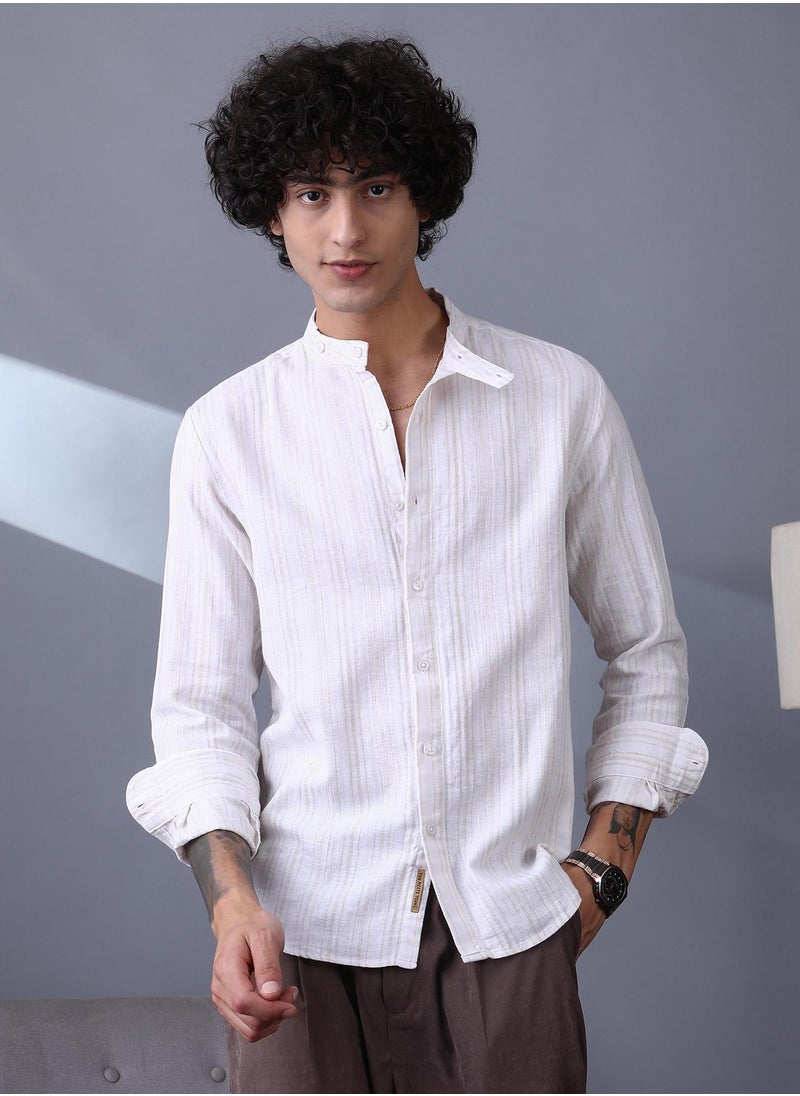 Campus Sutra Campus Sutra Men's Off-White & Ecru Beige Striped Extended-Band Collar Shirt For Casual Wear | Band Collar | Long Cuffed Sleeves | Button Closure | Shirt Crafted With Comfort Fit For Everyday Wear  - Image 2