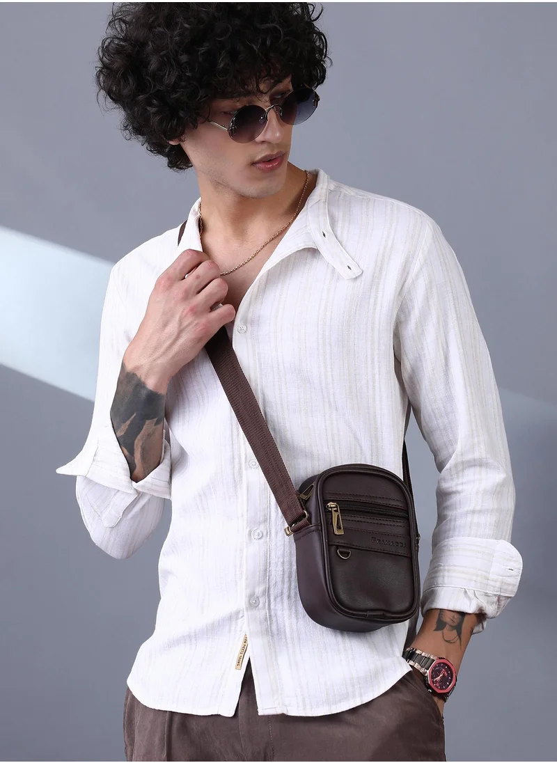 كامبوس سوترا Campus Sutra Men's Off-White & Ecru Beige Striped Extended-Band Collar Shirt For Casual Wear | Band Collar | Long Cuffed Sleeves | Button Closure | Shirt Crafted With Comfort Fit For Everyday Wear