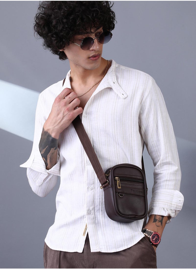 Campus Sutra Campus Sutra Men's Off-White & Ecru Beige Striped Extended-Band Collar Shirt For Casual Wear | Band Collar | Long Cuffed Sleeves | Button Closure | Shirt Crafted With Comfort Fit For Everyday Wear  - Image 1