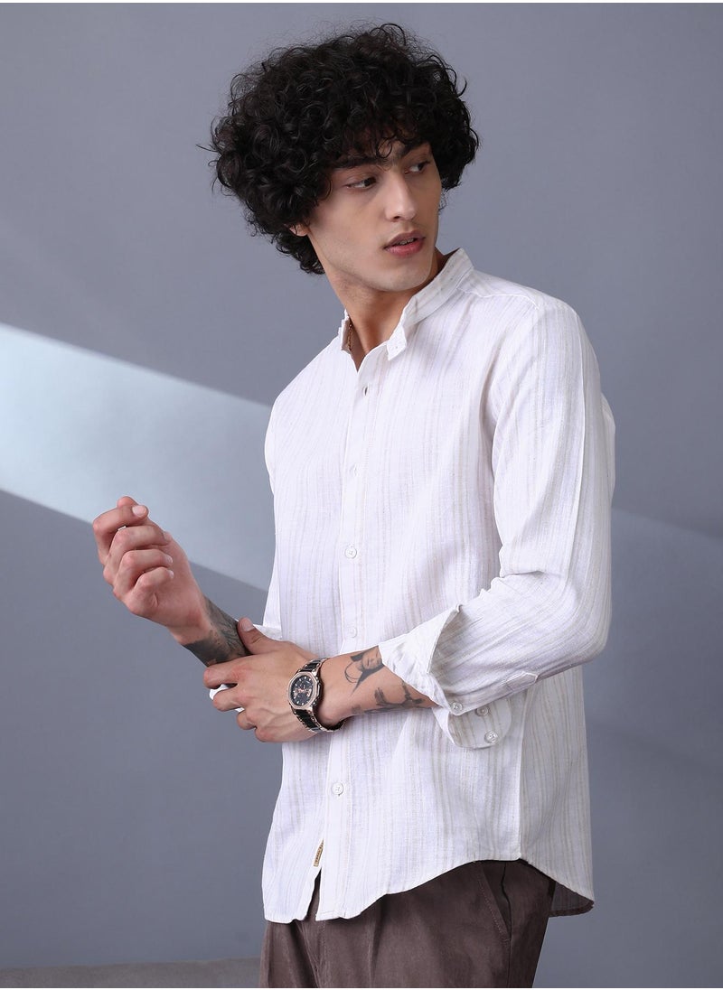 Campus Sutra Campus Sutra Men's Off-White & Ecru Beige Striped Extended-Band Collar Shirt For Casual Wear | Band Collar | Long Cuffed Sleeves | Button Closure | Shirt Crafted With Comfort Fit For Everyday Wear  - Image 3