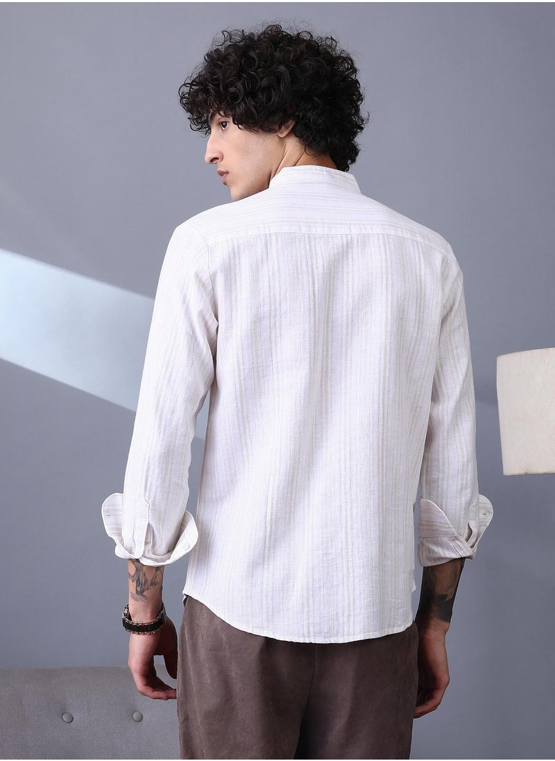 Campus Sutra Campus Sutra Men's Off-White & Ecru Beige Striped Extended-Band Collar Shirt For Casual Wear | Band Collar | Long Cuffed Sleeves | Button Closure | Shirt Crafted With Comfort Fit For Everyday Wear  - Image 5