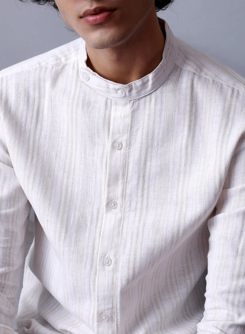 Campus Sutra Campus Sutra Men's Off-White & Ecru Beige Striped Extended-Band Collar Shirt For Casual Wear | Band Collar | Long Cuffed Sleeves | Button Closure | Shirt Crafted With Comfort Fit For Everyday Wear