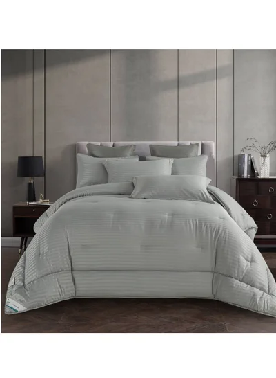 Donetella Comforter Set 6-Pcs King Size Hotel Style Thin Striped Bed Set Fits 200x200 Cms (350 GSM) With Down Alternative Filling, Grey