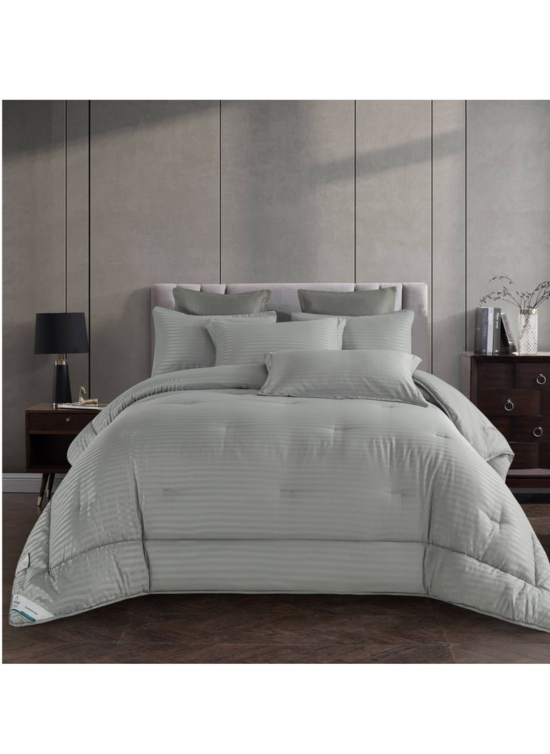 Donetella Comforter Set 6-Pcs King Size Hotel Style Thin Striped Bed Set Fits 200x200 Cms (350 GSM) With Down Alternative Filling, Grey  - Image 1