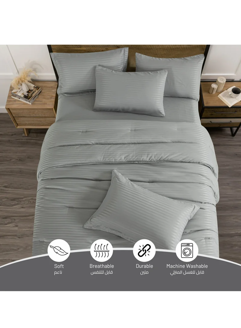Donetella Comforter Set 6-Pcs King Size Hotel Style Thin Striped Bed Set Fits 200x200 Cms (350 GSM) With Down Alternative Filling, Grey