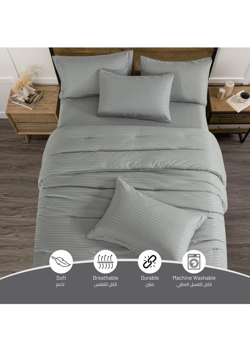 Donetella Comforter Set 6-Pcs King Size Hotel Style Thin Striped Bed Set Fits 200x200 Cms (350 GSM) With Down Alternative Filling, Grey  - Image 3