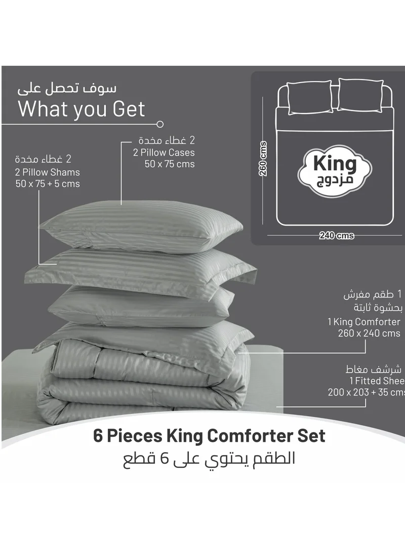 Donetella Comforter Set 6-Pcs King Size Hotel Style Thin Striped Bed Set Fits 200x200 Cms (350 GSM) With Down Alternative Filling, Grey