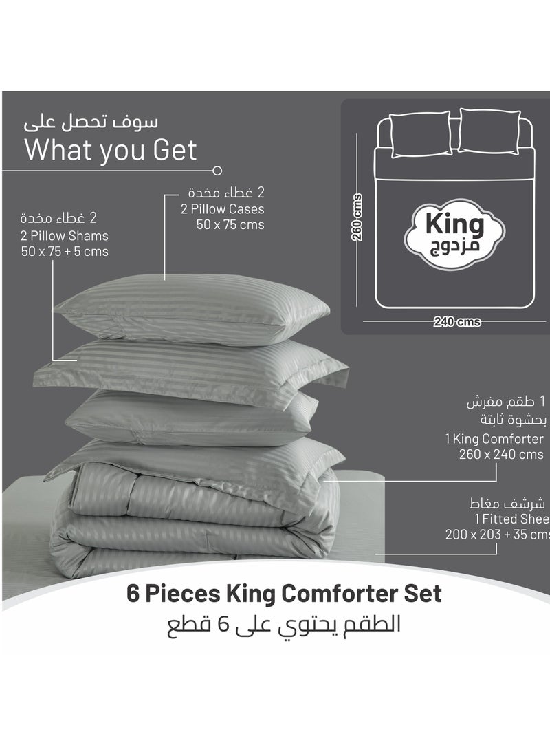 Donetella Comforter Set 6-Pcs King Size Hotel Style Thin Striped Bed Set Fits 200x200 Cms (350 GSM) With Down Alternative Filling, Grey  - Image 5