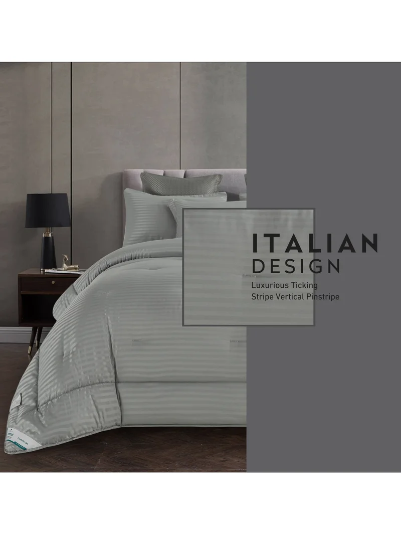 Donetella Comforter Set 6-Pcs King Size Hotel Style Thin Striped Bed Set Fits 200x200 Cms (350 GSM) With Down Alternative Filling, Grey
