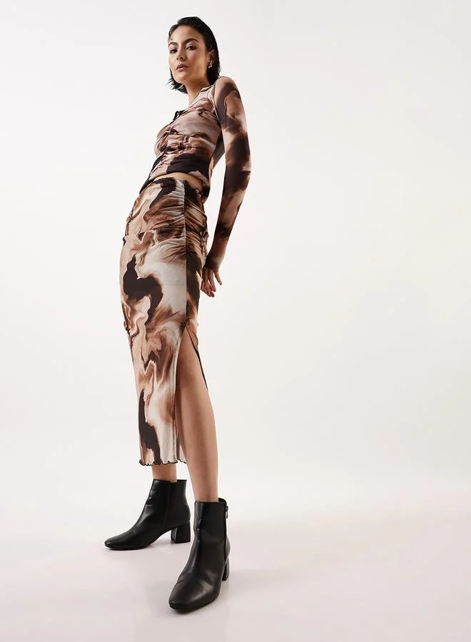 Hubberholme Women's Brown 100% Polyester Self Design Pattern Midi Bodycon Slim Fit Skirt