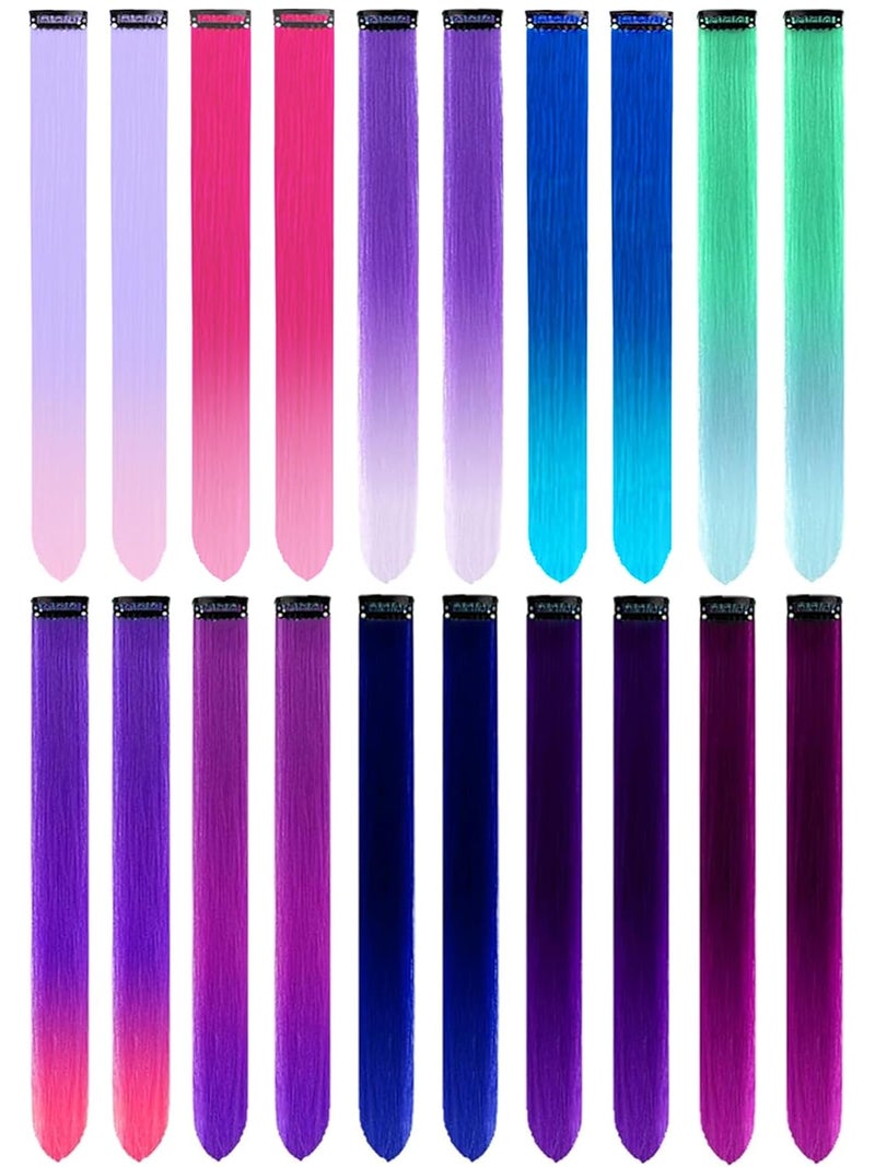 20 PCS Colored Hair Extensions Colorful Party Highlights Clip in Long Straight Synthetic Hair Extensions Ombre Color Hair Hairpieces for Girl Women Kids Cosplay Party Gift 22 inch