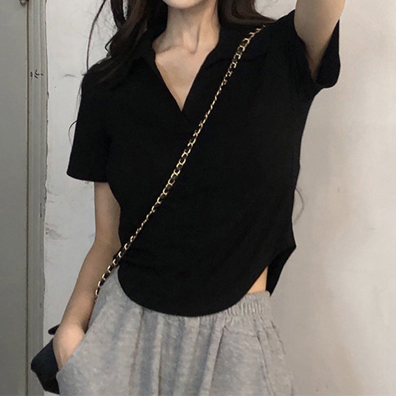 [Shake Quality] Polo Collar Shoulder Short Sleeve T-Shirt Womens Summer Slim Fit Short Fishbone Back Bag Collar Small Top YXQ#889# Black (200g)