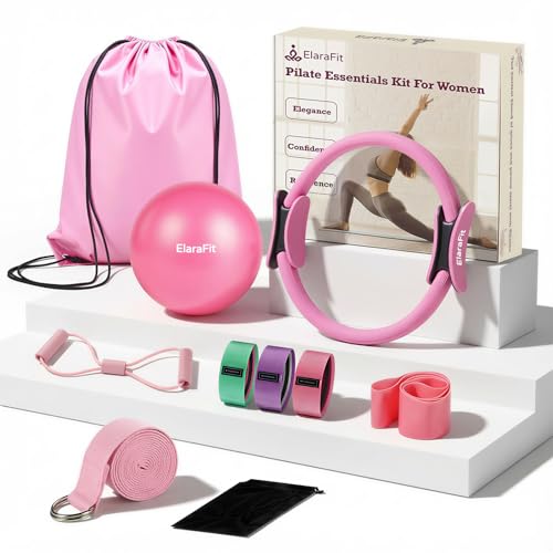 ElaraFit 10 Piece Pilates Kit for Women Home Pilates Ring and Ball Set with 5 Resistance Bands Stretch Strap Arm Exerciser Storage Bag and Workout Guide 13 Inch Magic CirclePink Mix - Image 1