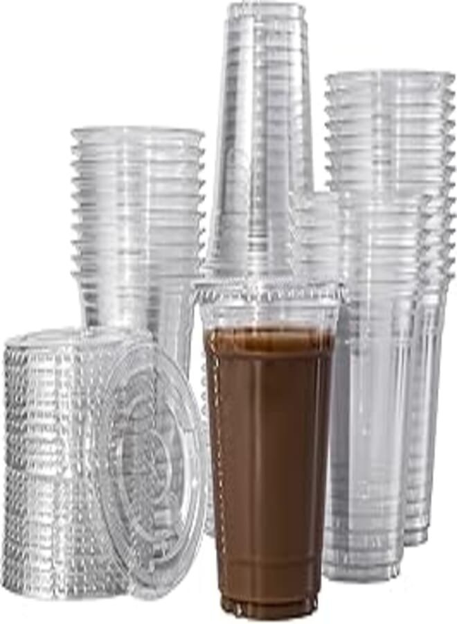 [Indulge Forward], 16oz-50sets Crystal Clear Plastic Cups with Clear Flat X Hole Lids [50cups+50lids]