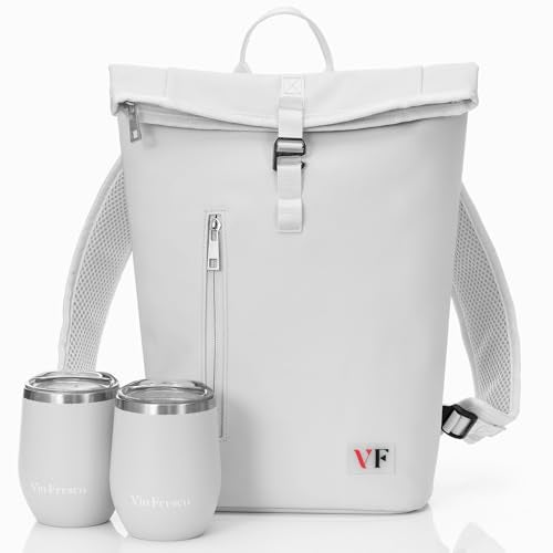 VIN FRESCO Two Bottle Rolltop Wine Tote Bag – Stylish PU Leather Backpack with Matching Tumblers – Wine Carrier with Padded Straps and Compartments for Travels & Picnics (Gray) - Image 1