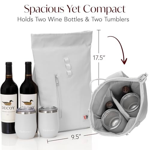 VIN FRESCO Two Bottle Rolltop Wine Tote Bag – Stylish PU Leather Backpack with Matching Tumblers – Wine Carrier with Padded Straps and Compartments for Travels & Picnics (Gray) - Image 3