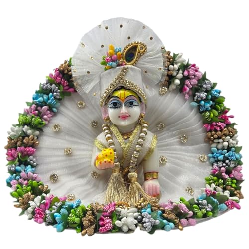 Vrindavanstore.in Premium White Laddu Gopal Dress for Janmashtami | Full Set with Floral Border, Golden Pearl Patka, Pagdi & Mukut | Festive Poshak for Thakur Ji Idol (Size 0) - Image 1