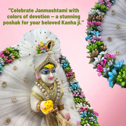 Vrindavanstore.in Premium White Laddu Gopal Dress for Janmashtami | Full Set with Floral Border, Golden Pearl Patka, Pagdi & Mukut | Festive Poshak for Thakur Ji Idol (Size 0) - Image 2