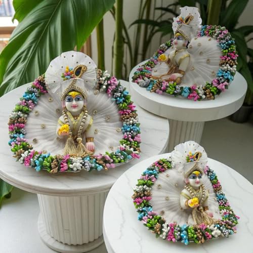Vrindavanstore.in Premium White Laddu Gopal Dress for Janmashtami | Full Set with Floral Border, Golden Pearl Patka, Pagdi & Mukut | Festive Poshak for Thakur Ji Idol (Size 0) - Image 3