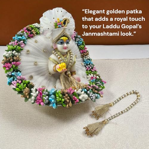 Vrindavanstore.in Premium White Laddu Gopal Dress for Janmashtami | Full Set with Floral Border, Golden Pearl Patka, Pagdi & Mukut | Festive Poshak for Thakur Ji Idol (Size 0) - Image 4
