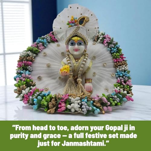 Vrindavanstore.in Premium White Laddu Gopal Dress for Janmashtami | Full Set with Floral Border, Golden Pearl Patka, Pagdi & Mukut | Festive Poshak for Thakur Ji Idol (Size 0) - Image 5
