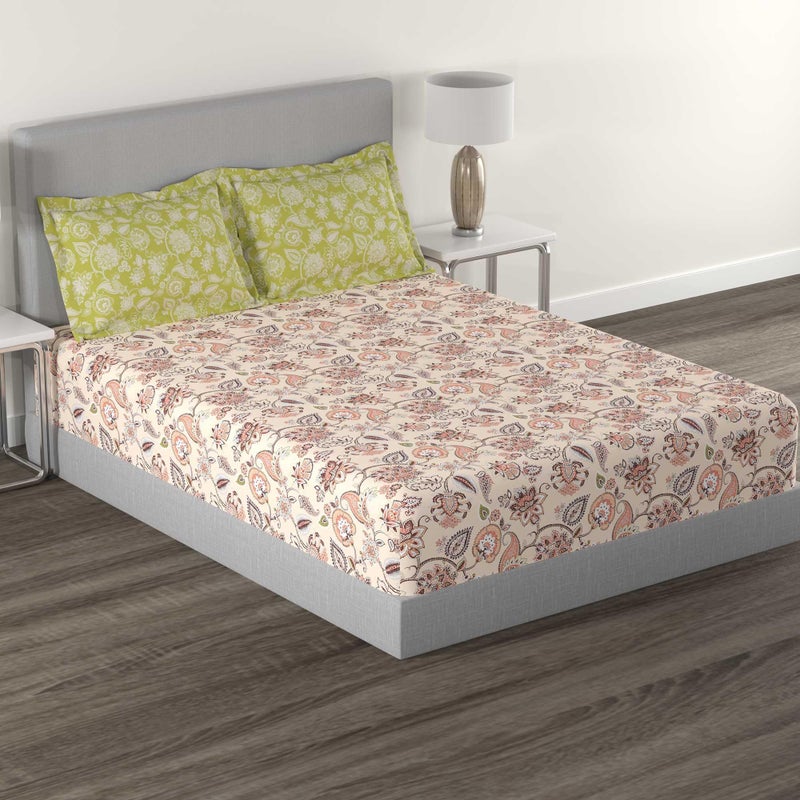 Trident bedsheet Set - Home, 100% Cotton, Bedsheet for Double Bed (1 Queen Size Bedsheet with 2 Pillow Covers) Superior Softness, 144 Thread Count - Palampor Olive - Image 1