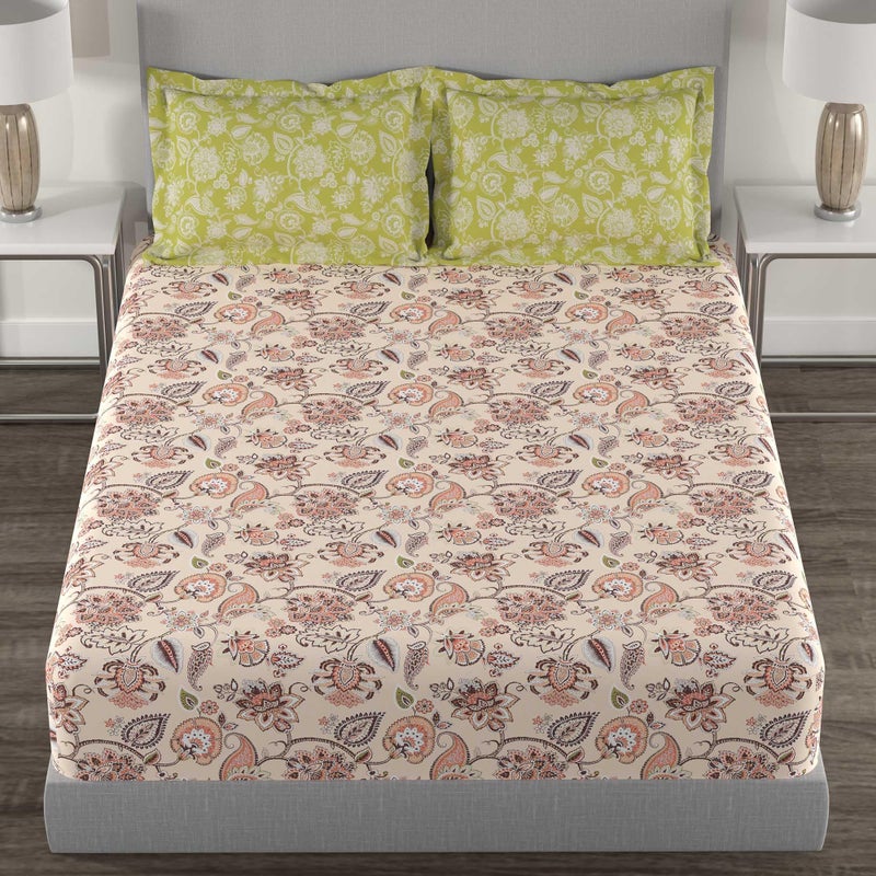 Trident bedsheet Set - Home, 100% Cotton, Bedsheet for Double Bed (1 Queen Size Bedsheet with 2 Pillow Covers) Superior Softness, 144 Thread Count - Palampor Olive - Image 2