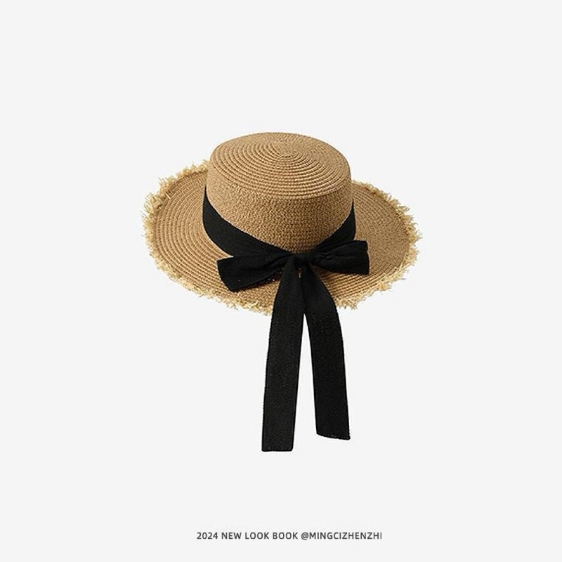New French Flat Top Hat for Women - Large Size Beach Holiday Sun Hat with Wide Brim