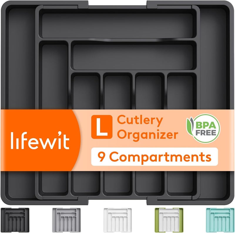 لايفويت منظم درج أدوات المائدة من Lifewit، منظم أدوات قابل للتوسيع لأدراج المطبخ، صينية أدوات المائدة القابلة للتعديل، أقسام تخزين لأدوات الملاعق والشوك والسكاكين البلاستيكية، كبير، أسود - Image 1