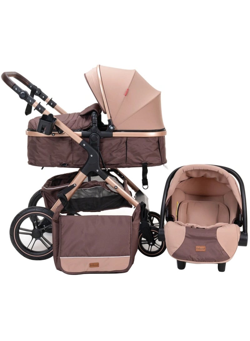 Belecoo 3-in-1 Pram Stroller with Car Seat Travel System – Luxury Foldable Baby Pushchair with Detachable Bassinet, Infant Car Seat, Adjustable Handlebar, Multi-Position Reclining Backrest, All-Terrain Shock-Absorbing Wheels, One-Hand Fold, Large Storage Basket – Lightweight Newborn to Toddler Travel Combo – Durable, Stylish Khaki Baby Stroller - Image 1