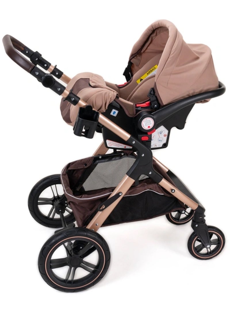 belecoo - 3 In 1 Pram Stroller With Car Seat Travel System - Khaki - Image 1