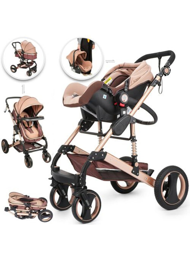 belecoo - 3 In 1 Pram Stroller With Car Seat Travel System - Khaki - Image 1