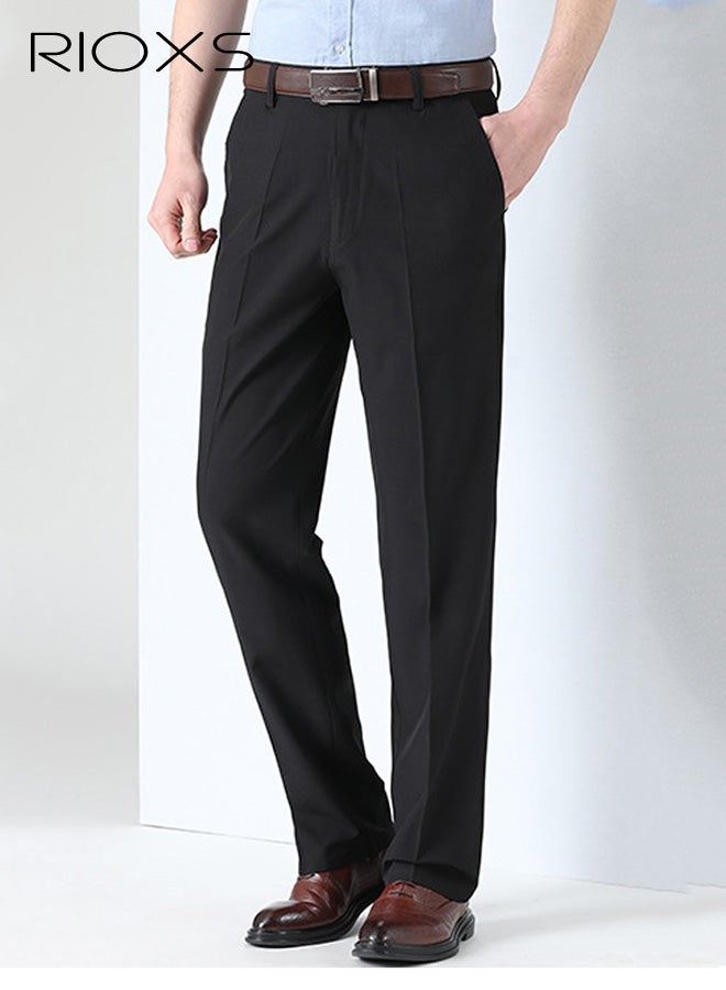 ريوكس بنطلونات رجالية رسمية، بنطلونات رجالية كلاسيكية سريعة الجفاف بقصّة مطوية في الأمام، بنطلونات عمل غير رسمية قابلة للتهوية وبدون تجاعيد مع جيوب، بنطلونات رسمية مريحة وقابلة للتمدد عند الخصر للعمل والاجتماعات والمواعيد الغرامية وحفلات التخرج والزفاف وغيرها، باللون الأسود - Image 2
