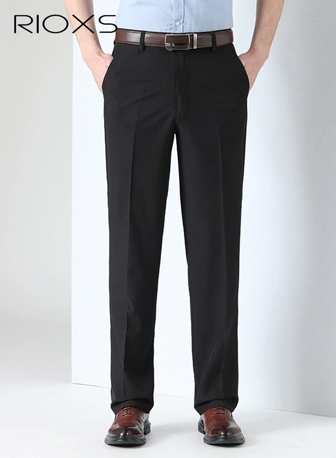 ريوكس بنطلونات رجالية رسمية، بنطلونات رجالية كلاسيكية سريعة الجفاف بقصّة مطوية في الأمام، بنطلونات عمل غير رسمية قابلة للتهوية وبدون تجاعيد مع جيوب، بنطلونات رسمية مريحة وقابلة للتمدد عند الخصر للعمل والاجتماعات والمواعيد الغرامية وحفلات التخرج والزفاف وغيرها، باللون الأسود - Image 1