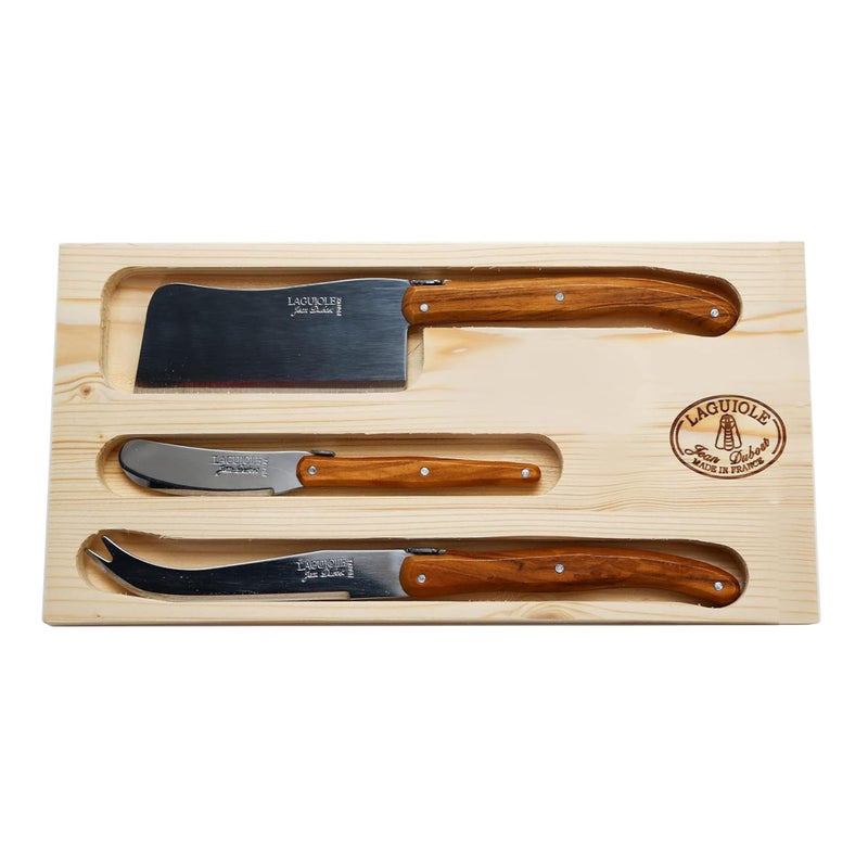 Jean Dubost Laguiole Rustic Range 3-Piece Cheese Knife Set, Olive Wood Handles - Rust-Resistant Stainless Steel - Includes Wooden Tray - Made in France - Image 1