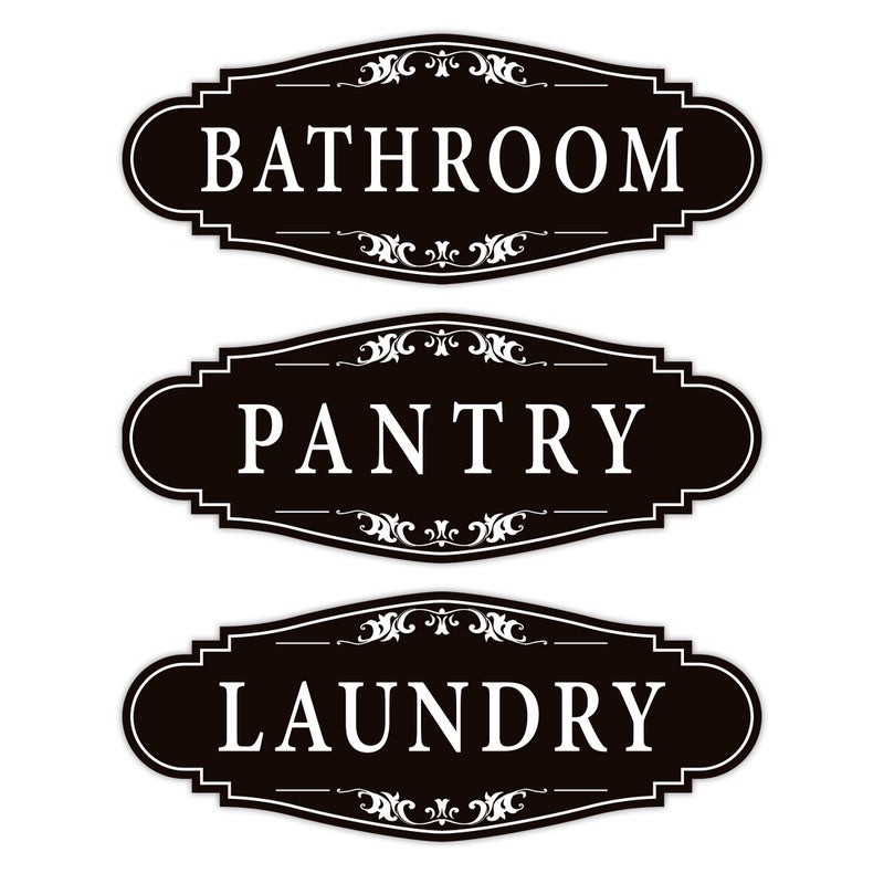 LUHIMO 3PCS Bathroom/Laundry Room/Pantry Door Signs Sticker, Self-Adhesive Weatherproof and Fade-Resistant Vinyl Bathroom Door Decal Decor for Home, House, Business, Office, Apartmentï¼ˆ9" x 3.5"ï¼‰ - Image 1