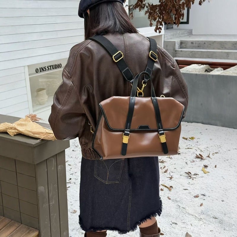 Top Layer Cowhide British Style Backpack Color Contrast Design Women'S Backpack Single Shoulder Crossbody Bag High Quality Design Handbag - Image 3