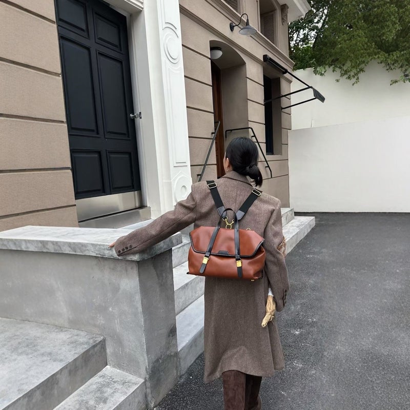 Top Layer Cowhide British Style Backpack Color Contrast Design Women'S Backpack Single Shoulder Crossbody Bag High Quality Design Handbag - Image 4