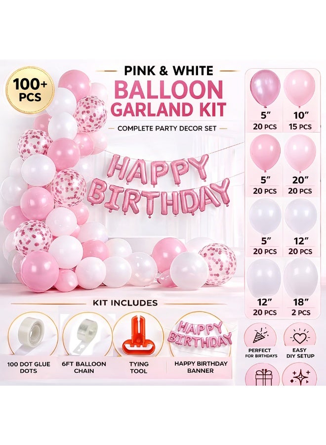 JOLLITY LLC Pink White Balloon Garland Kit 100 plus pcs with Confetti Balloons & Happy Birthday Banner | DIY Party Decoration Set with Balloon Chain & Glue Dots - Image 2