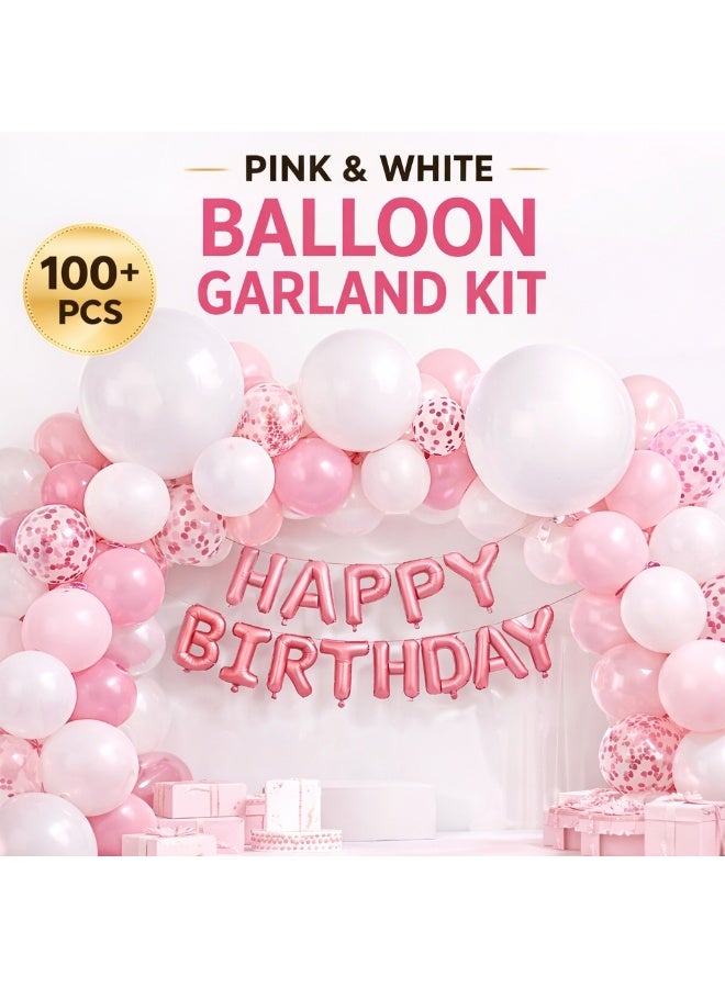 JOLLITY LLC Pink White Balloon Garland Kit 100 plus pcs with Confetti Balloons & Happy Birthday Banner | DIY Party Decoration Set with Balloon Chain & Glue Dots - Image 1