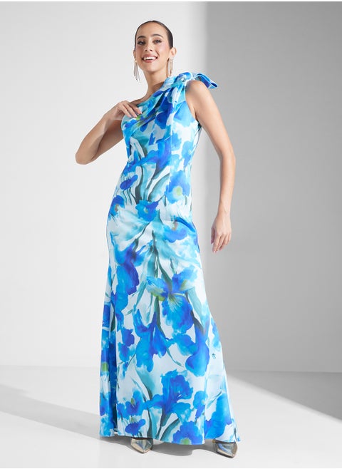 Floral Print One Shoulder Maxi Dress